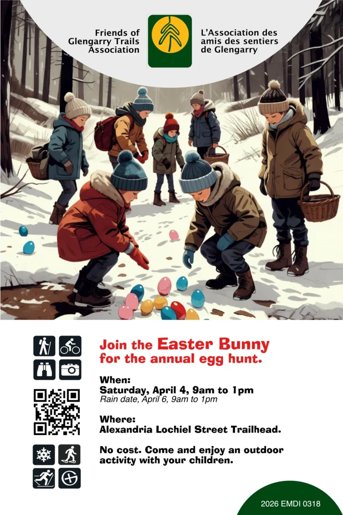 Join us at our annual Easter Bunny Egg Hunt on the Glengarry Trails, Lochiel Street Trailhead in Alexandria, Ontario.